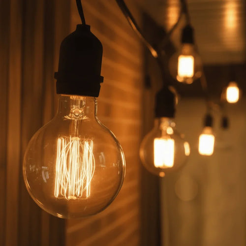 Ampoules accrochées au style vintage et lumière chaude